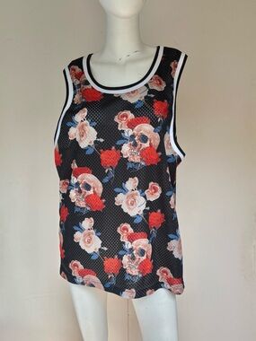 No Boundaries Black Floral Skull Mesh Tank Top with Red Accents